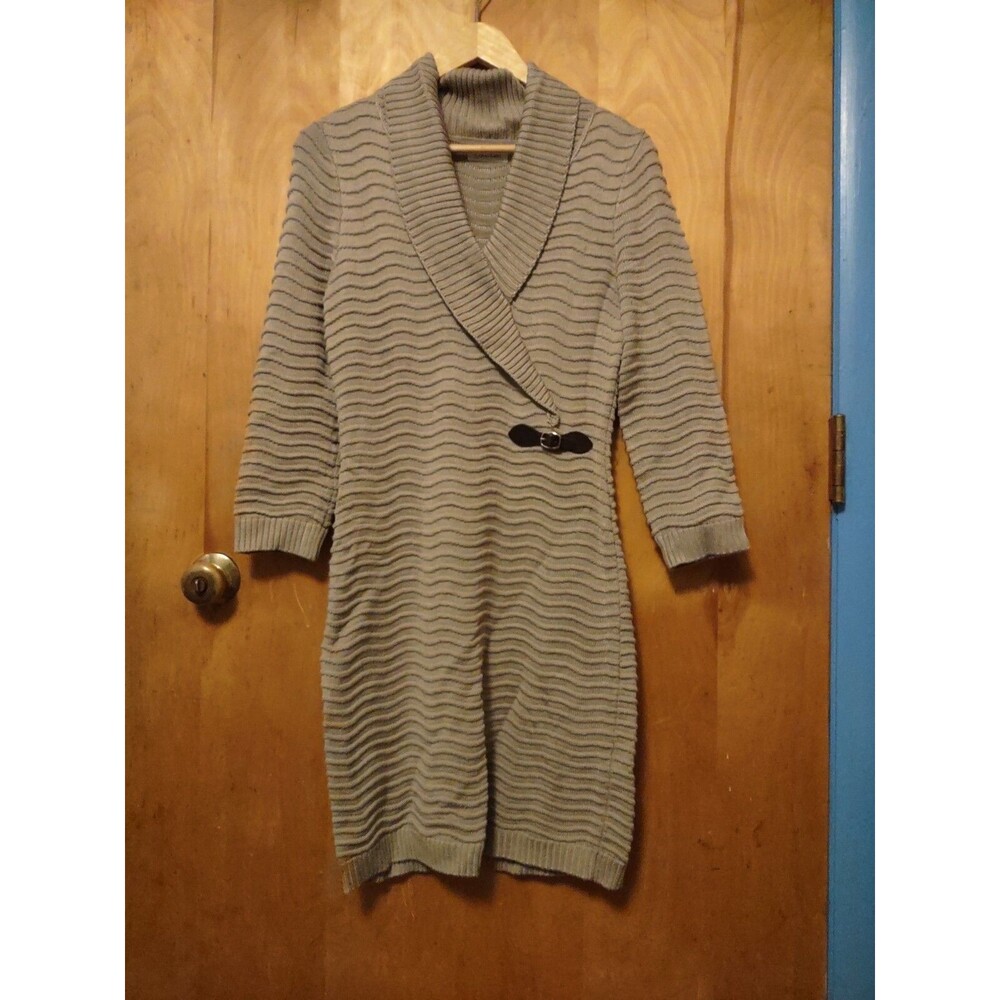 Calvin Klein Wavy Knit Sweater Dress Size S Buckle Shawl Neck Brown 3/4 Sleeve